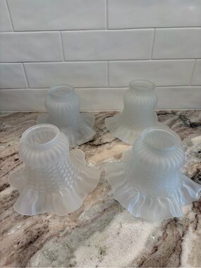 4 Vintage Frosted Glass Lamp Shades  Hobnail Ruffled - Art Nouveau Grandma Core